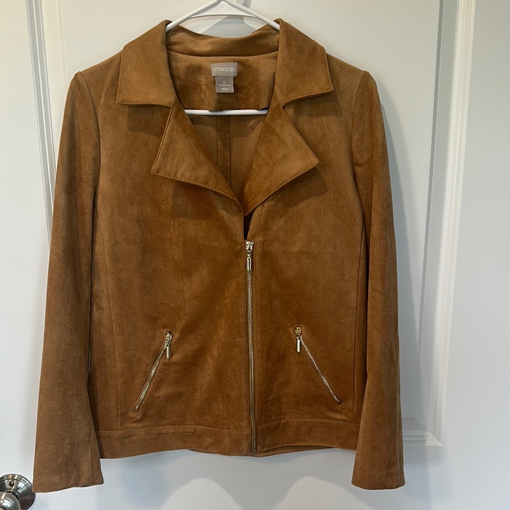 Chico's Size 0 Brown Faux Suede Moto Jacket with Notched Lapels